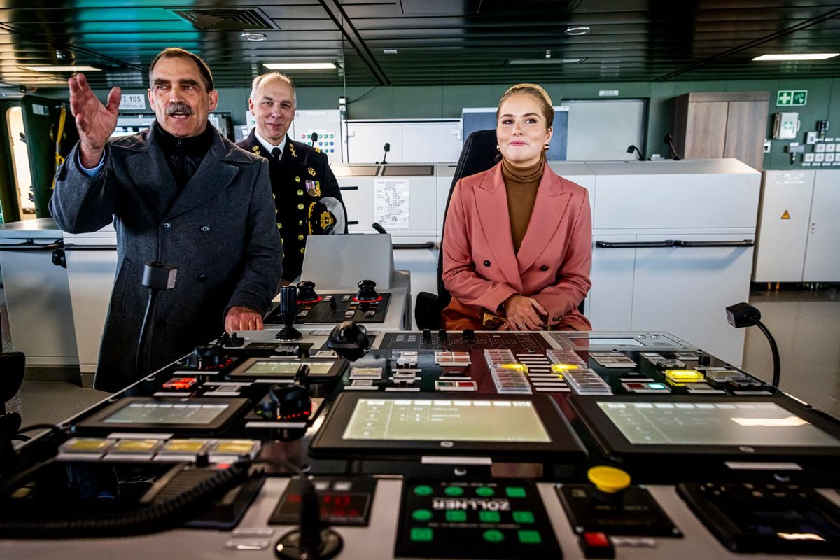  Princess Amalia of the Netherlands sit at the controls on the bridge as she attends to name the naval ship Den Helder built by Damen Naval Shipyards on February 21, 2025 in Vlissingen, Netherlands. The naming ceremony is the first public solo event for Princess Amalia in The Netherlands. (Photo by Patrick van Katwijk/Getty Images)