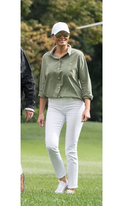 Upon her arrival to Fort Myers, Florida, Melania wore an olive green utility blouse, white jeans, baseball cap and Converse sneakers for a meeting with FEMA and Hurricane Irma volunteers.
Photo: Getty Images