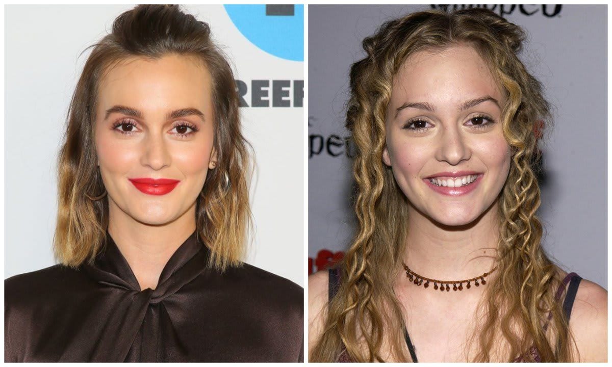 Leighton Meester wears her hair shoulder-length with blond highlights on the left and curly blond on the right