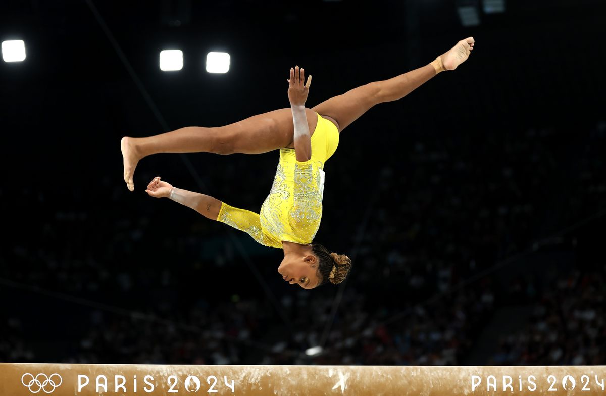 Rebeca Andrade of Team Brazil competes on the balance beam during the Artistic Gymnastics Women's All-Around Final on day six of the Olympic Games Paris 2024 at Bercy Arena on August 01, 2024, in Paris, France. (Photo by Ezra Shaw/Getty Images)