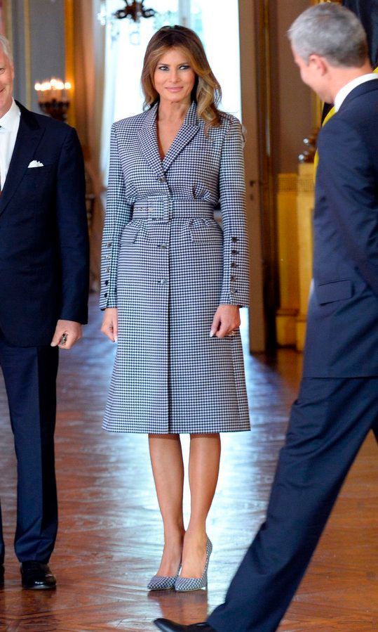 The First Lady wore a checkered Michael Kors coat dress and matching pumps as she met with King Philippe and Queen Mathilde of Belgium at the Royal Palace in Brussels on May 25.
Photo: Getty Images