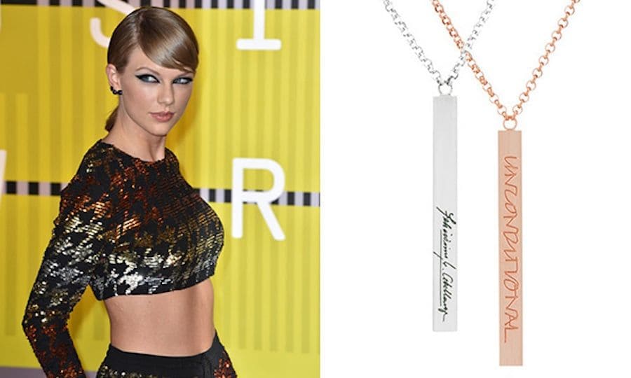Customizable in any handwriting (yes, even your own!), this bar trinket by K Kane can have up to 40 characters on each side long enough for a quote, phrase or poem or, in Taylor Swift's case, the title of her album.
Celebrity fans: Taylor Swift, Leona Lewis
Customizable Vertical Graffiti Bar Necklace, starting at $335, k-kane.com