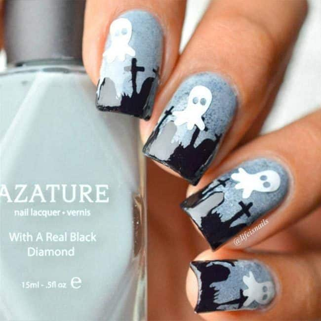 For a cool look, @lifeisnails used Azature polish in 'Faint White', 'Midnight' and 'Light Grey Diamond' to create her ghost and graveyard designs.
Photo: Instagram