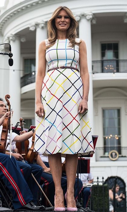 Melania went for a colorful rainbow windowpane print dress by Mary Katrantzou at the Congressional picnic at the White House on June 22.
Photo: NICHOLAS KAMM/AFP/Getty Images