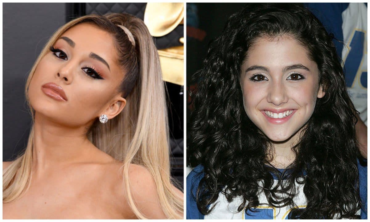 Ariana Grande with the blond hair and dark roots that she currently wears on the left; she used to have much darker brown hair (right)
