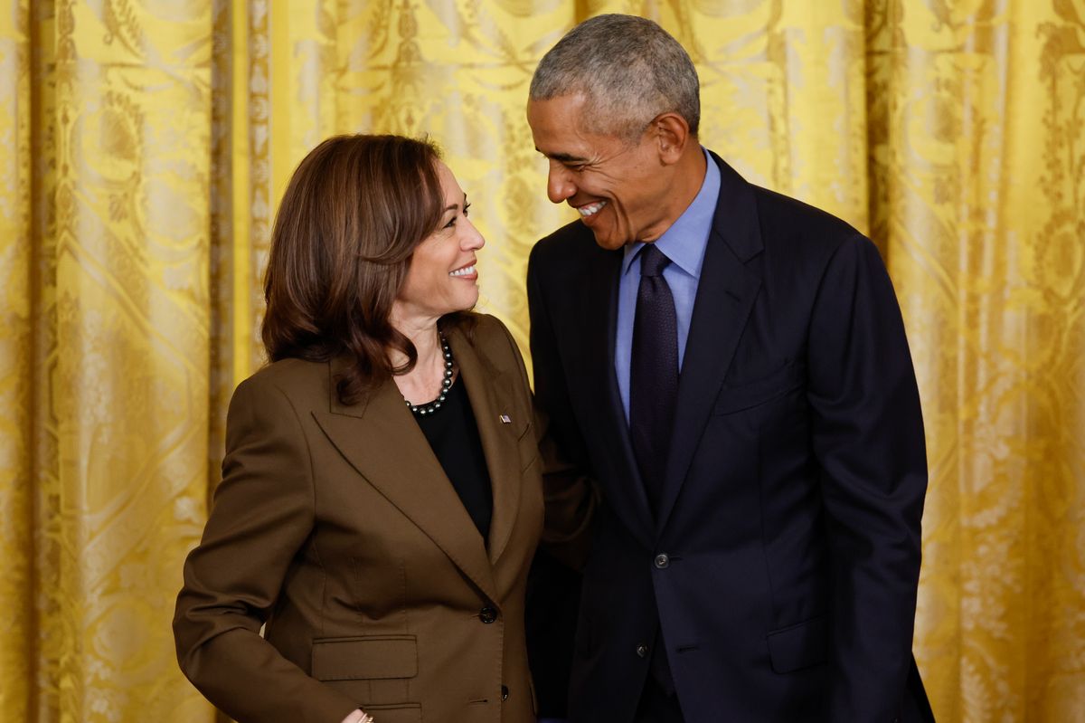 (L-R) Vice President Kamala Harris and Former President Barack Obama attend an event to mark the 2010 passage of the Affordable Care Act in the East Room of the White House on April 5, 2022 in Washington, DC. With then-Vice President Joe Biden by his side, Obama signed 'Obamacare' into law on March 23, 2010. (Photo by Chip Somodevilla/Getty Images)