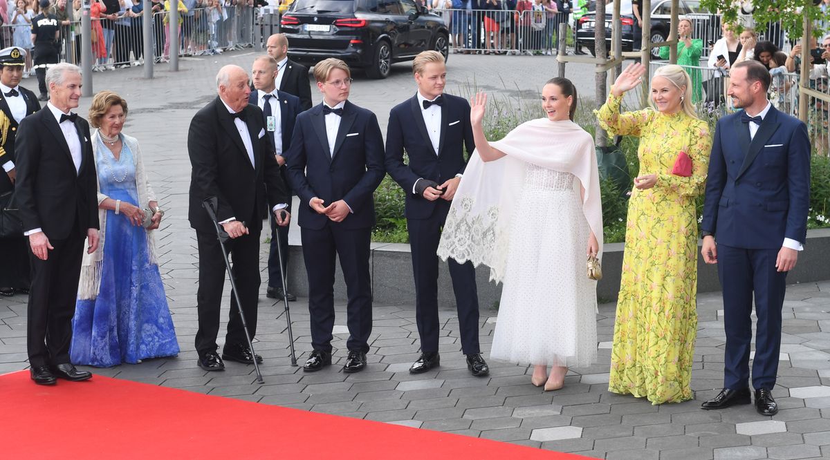 OSLO, NORWAY – JUNE 16: Norwegian Prime Minister Jonas Gahr Store, King Harald, Queen Sonja, Marius Borg Hoiby, Princess Ingrid Alexandra, Prince Sverre Magnus, Crown Prince Haakon and Crown Princess Mette-Marit attend the celebrations for Princess Ingrid Alexandra's official day at the Deichman Museum on June 16, 2022 in Oslo, Norway. (Photo by Rune Hellestad/Getty Images)