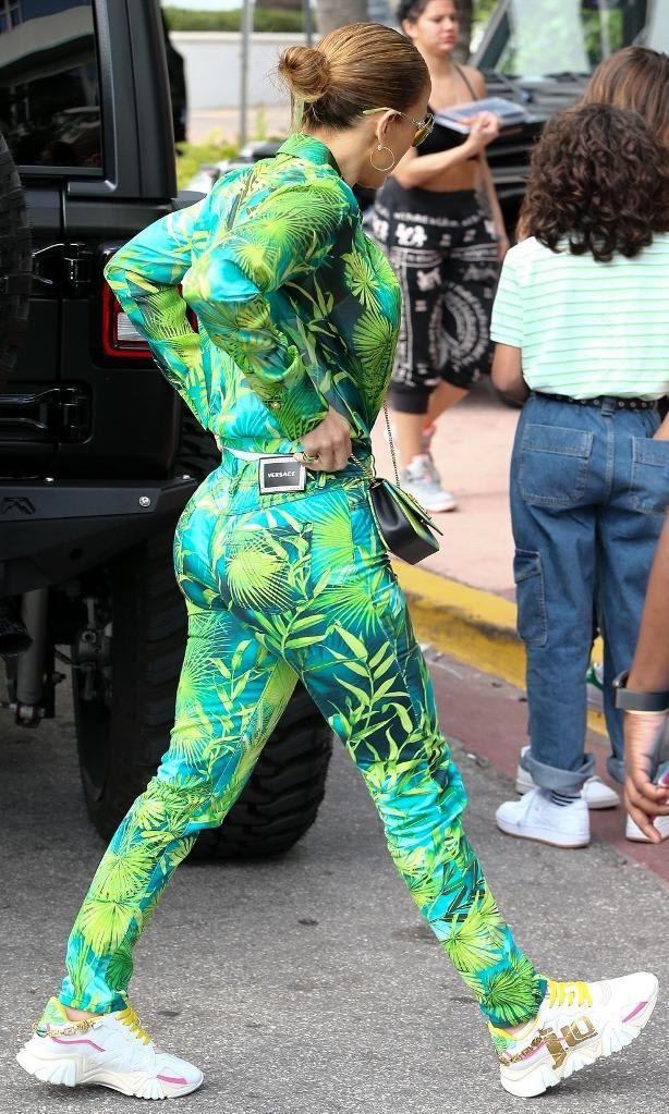 Jennifer Lopez in a tropical print outfit