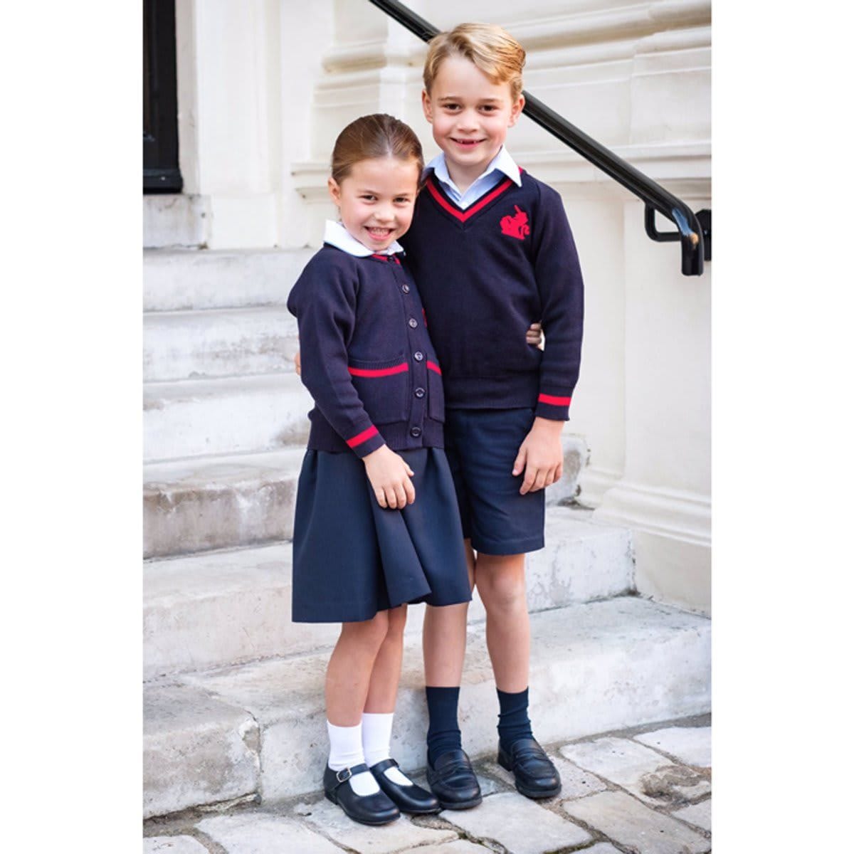 Princess Charlotte had her older brother Prince George by her side on her first day at Thomas's Battersea in 2019. The siblings were pictured in their school uniforms at Kensington Palace.