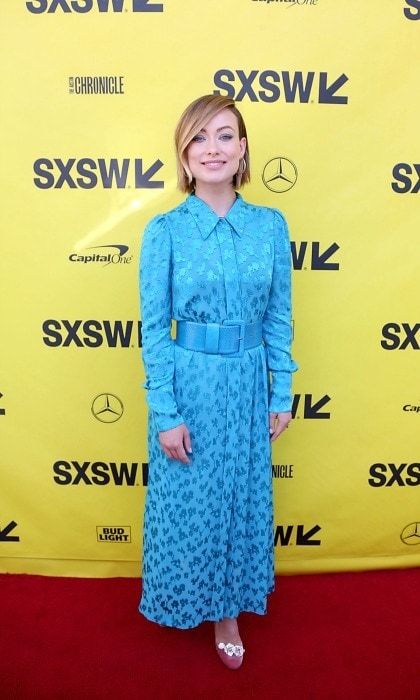 Olivia Wilde popped in a blue Carolina Herrera buckled dress while at the premiere of <i>A Vigilante</i> at the Paramount Theatre on March 10.
Photo: Gary Miller/FilmMagic