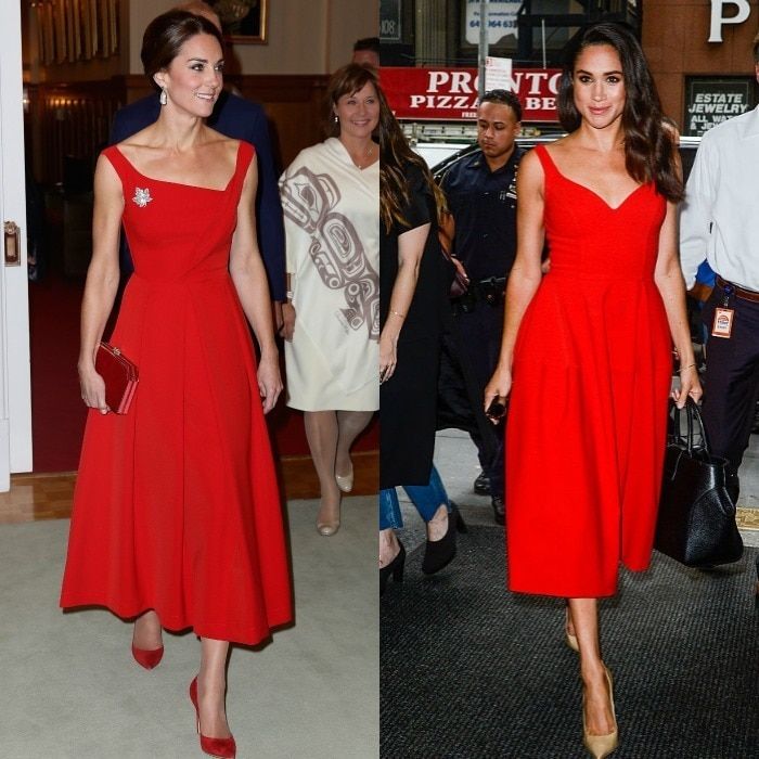 <b>Ladies in red</b>
With their dark tresses, it's no surprise that both ladies can equally pull off vibrant scarlet, as Kate did in this Preen number during her 2016 royal tour of Canada. That same year, Meghan looked radiant on the streets of New York sporting a similar style midi dress.
Photo: Getty Images