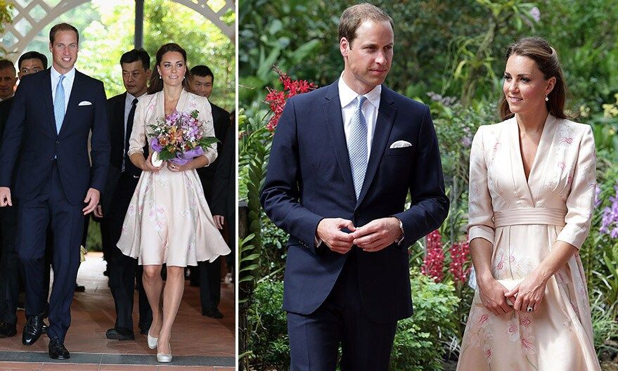 During the Jubilee tour in 2012, Kate wore this three-quarter sleeve silk Jenny Packham dress upon their arrival in Singapore. The knee-length pale pink stunner featured hand-painted orchids and a kimono inspired neckline/waist detailing.
<br>
Photo: Getty Images