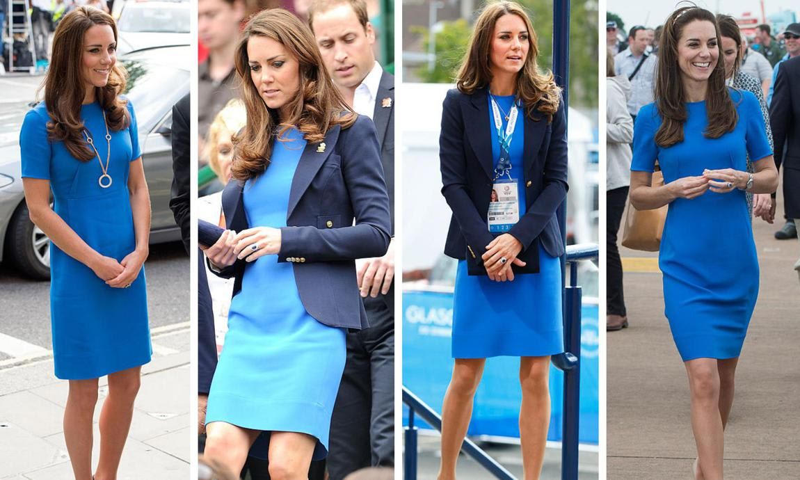 Kate Middleton in a bright blue dress by Stella McCartney in 2012 and 2014