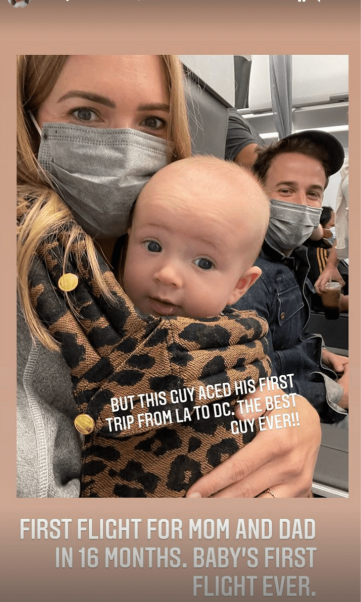 Mandy Moore takes her 4 month old on his first flight