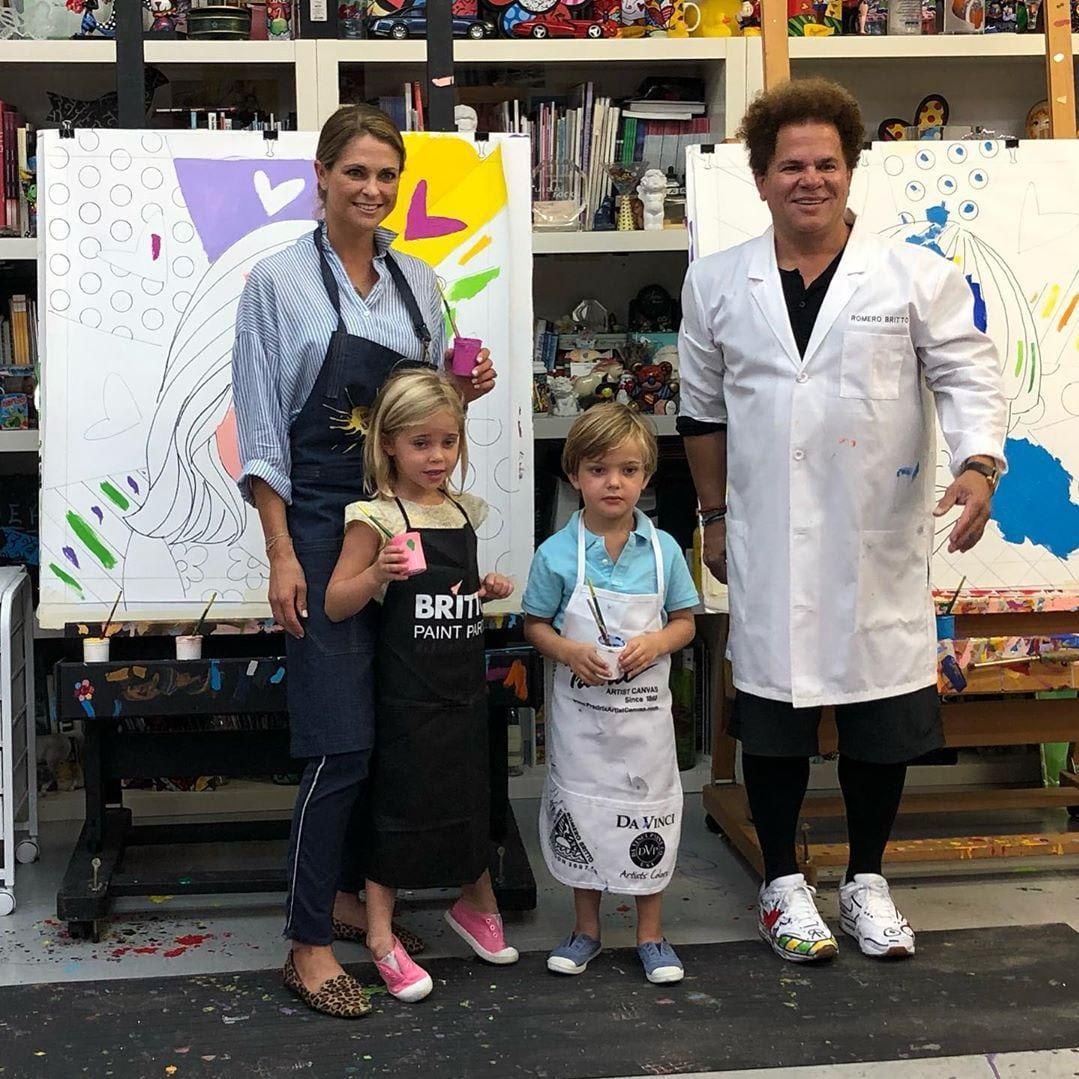 Princess Madeleine with 2 of her 3 kids with Miami based artist Romero Britto