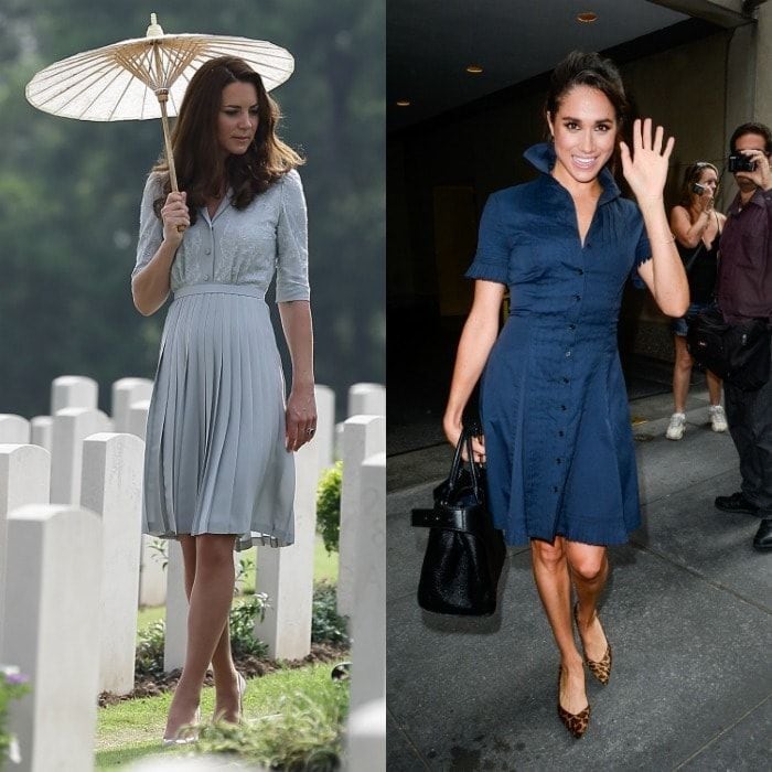 <b>Shirt dress simplicity</b>
Kate elected to wear a bespoke piece by Jenny Packham that featured a lace overlay and full pleated skirt for her 2012 visit to the Kranji War Memorial. Meghan on the other hand, opted for a more casual look sporting a button down with frilled sleeves for a 2016 taping of the <i>Today Show</i>.
Photo: WireImage/GC Images