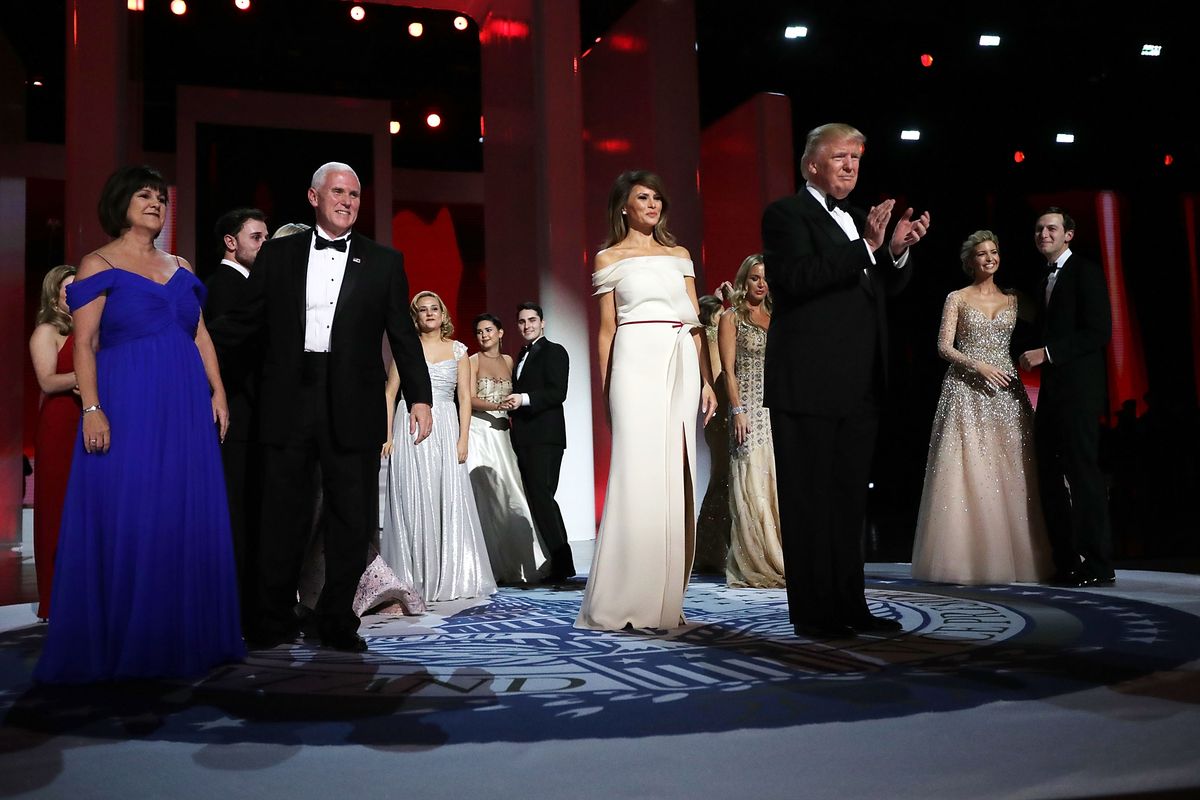 WASHINGTON, DC - JANUARY 20:  U.S. President Donald Trump, first lady Melania Trump, U.S. Vice President Mike Pence, his wife Karen Pence, Ivanka Trump, her husband Jared Kushner and family members dance during the inaugural Liberty Ball at the Washington Convention Center January 20, 2017 in Washington, DC. The ball is part of the celebrations following the inauguration of Pence and U.S. President Donald J. Trump.  (Photo by Chip Somodevilla/Getty Images)