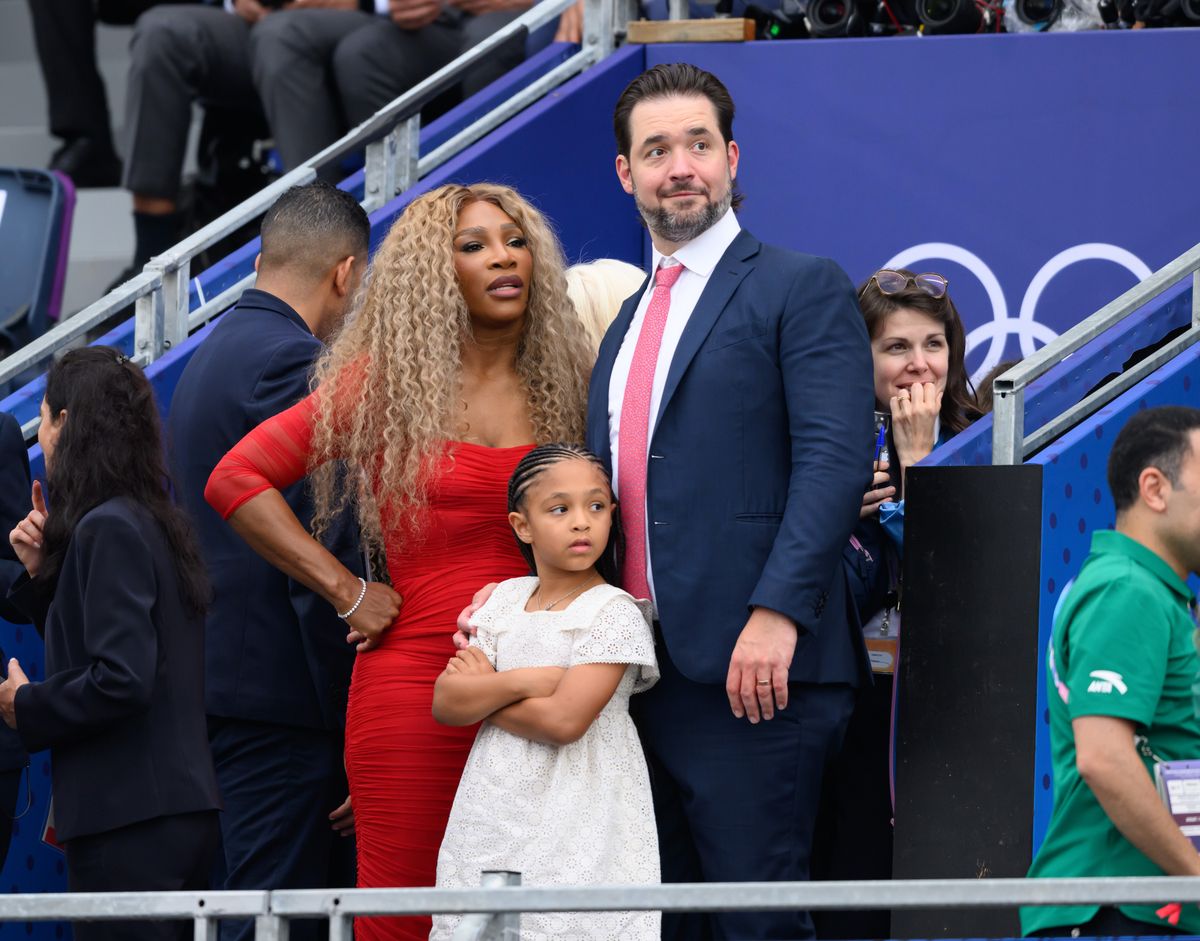 Serena Williams, Alexis Ohanian, and their daughter Adira River attend the Opening Ceremony of the Olympic Games Paris 2024 at the Trocadero on July 26, 2024, in Paris, France. (Photo by Karwai Tang/WireImage)