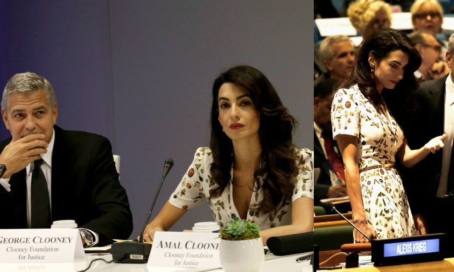 Amal donned a colorful Alexander McQueen tea dress for a day at the United Nations with her husband George. The lawyer opted for the same "Obsession Multi Print" design, previously worn by Kate Middleton at Wimbledon.
Photos: Peter Foley - Pool/Getty Images