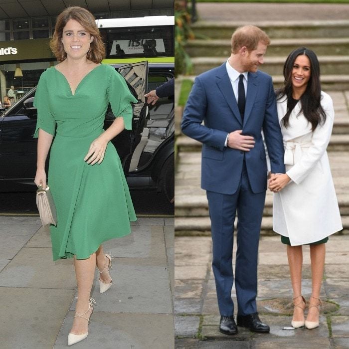 Despite her striking emerald dress, it was Princess Eugenie's less colorful shoes that caught the eyes of onlookers.The royal bride-to-be seems to have taken a fashion cue from Meghan Markle while attending an event to mark the late Nelson Mandela's 100th birthday in London. She opted for the same beige Aquazzura's Matilde crisscross suede 105mm pumps that Meghan worefor her engagement photos with Prince Harry in the Sunken Gardens of Kensington Palace.
Photo: WENN