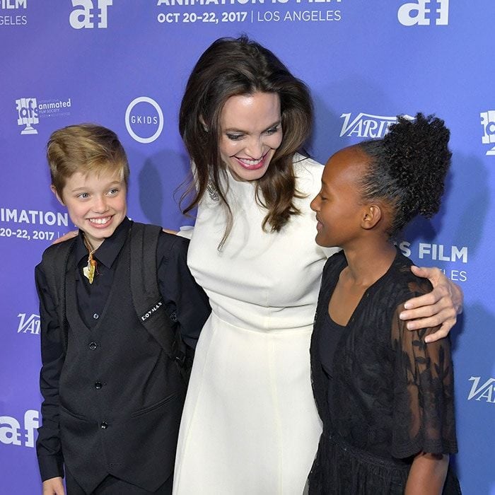 Shiloh, Zahara and Angelina shared some mother-daughter laughs on the red carpet at the premiere of <I>The Breadwinner</I> at TCL Chinese 6 Theatres in Hollywood on October 20, 2017.
Photo: Neilson Barnard/Getty Images