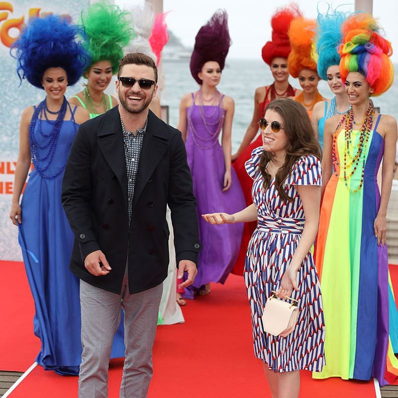 It was a colorful seaside display in Cannes as Justin Timberlake and Anna Kendrick laughed it up at a photocall for <i>Trolls</i>.
<br>
Photo: WireImage