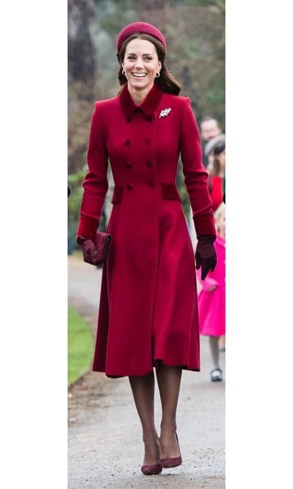 Kate Middleton red coat dress on Christmas with matching hat