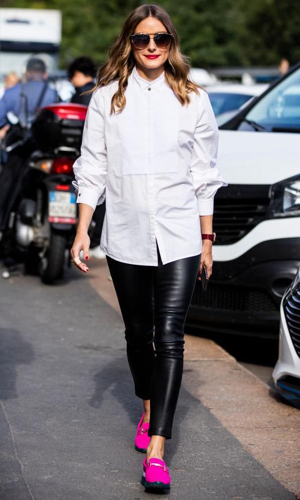 Olivia Palermo with fuchsia loafers and leather leggings