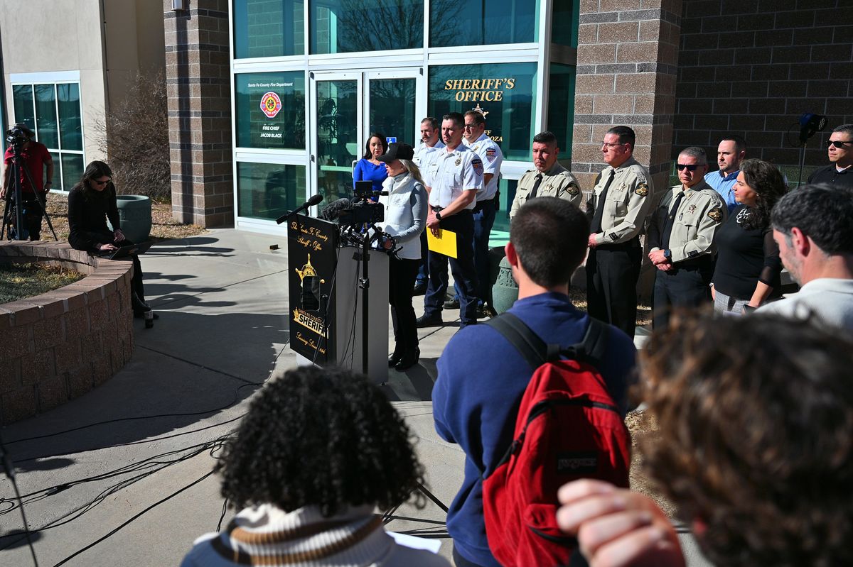 Santa Fe Film Office Commissioner/Executive Director Jennifer LaBar-Tapia speaks during a press conference at the Santa Fe County Sheriff's Office.