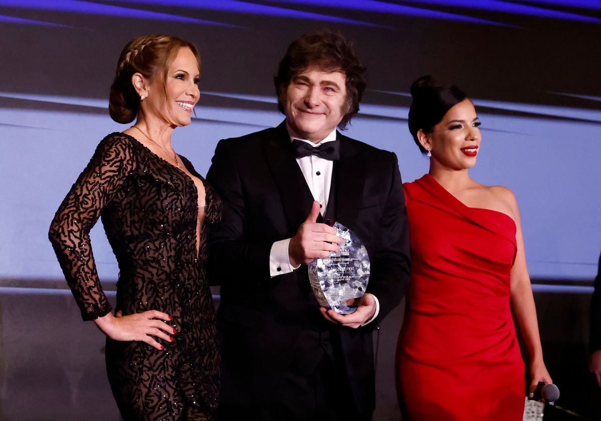 Natalia Denegri, President of Argentina Javier Milei and Gabriela Berrospi attend the Latino Wall Street VIP reception during the Hispanic Inaugural Ball 2025 at Omni Hotel on January 18, 2025 in Washington, DC. 