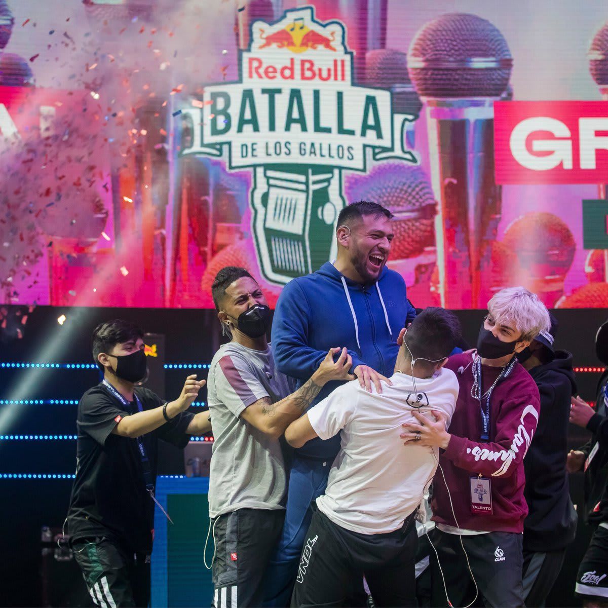 Stick celebrates after winning the Red Bull Batalla de los Gallos National Finals in Lima, Peru on November 7, 2020.