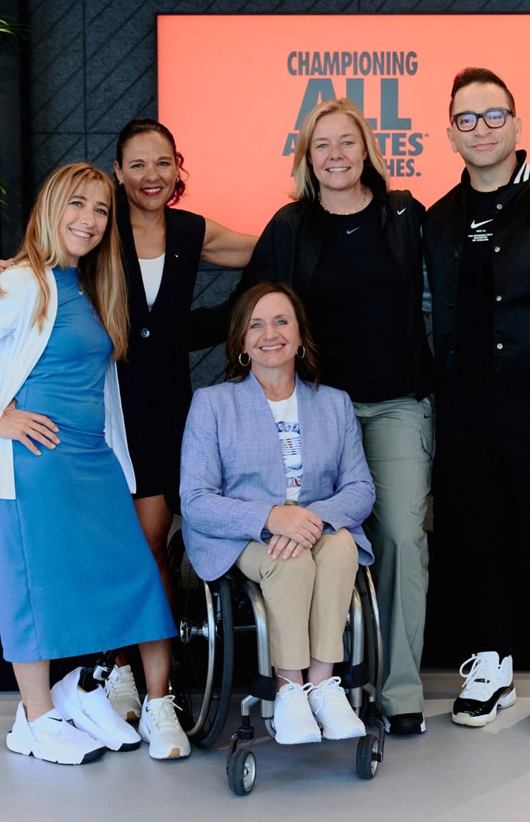 Sarah Reinertsen, Paralympian and Nike Lead Professional, Sports Marketing; Vanessa Garcia-Brito, Nike Chief Impact Officer; Sarah Hirshland, CEO, U.S. Olympic & Paralympic Committee; James Loduca, Nike Vice President, Diversity, Equity, Inclusion; Dr. Cheri Blauwet, Paralympian and Sports Medicine Physician, Professor at Harvard Medical School, and Chief Medical Officer of Spaulding Rehabilitation/Mass General Brigham