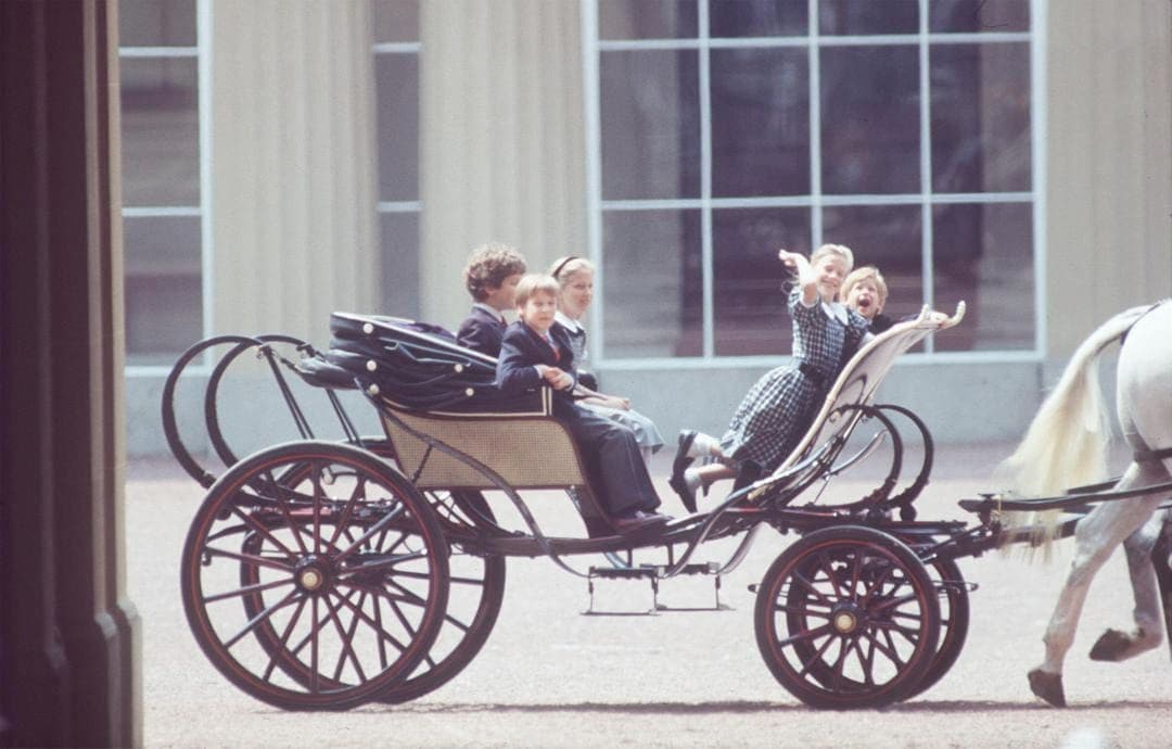 Following the 1990 ceremony, Prince William, Lord Frederick Windsor, Lady Gabriella Windsor, Prince Harry and Lady Rose Windsor were pictured having fun in a carriage at Buckingham Palace.