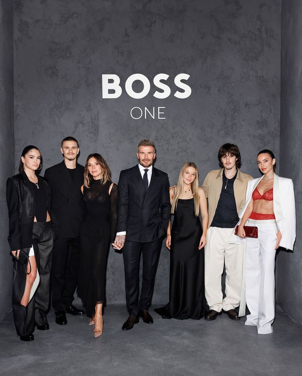 L-R Kim Turnbull, Romeo, Victoria, David, Harper, Cruz Beckham and Jackie Apostel