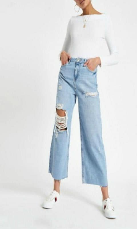 Blue Alexa Wide Leg Cropped Ripped Jeans de River Island