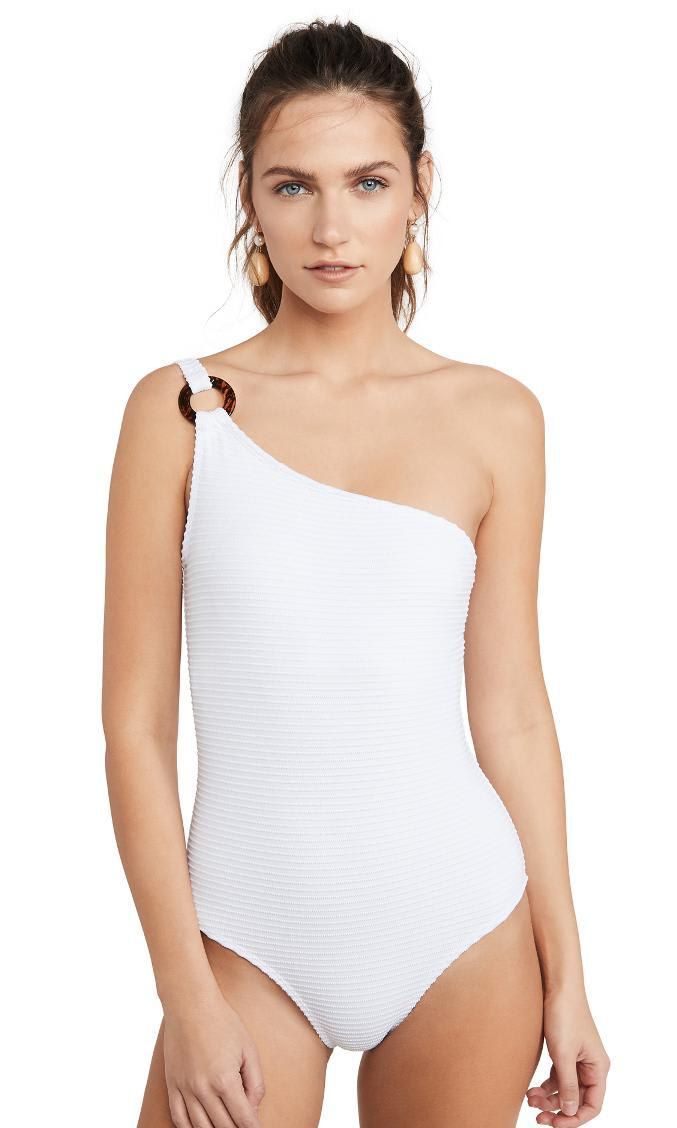 White one-piece swimsuit with asymmetric neckline