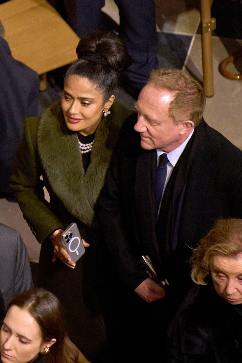 PARIS, FRANCE - DECEMBER 07: Salma Hayek and FranÃ§ois-Henri Pinault attend the ceremony to mark the reopening of Notre-Dame of Paris Cathedral on December 07, 2024 in Paris, France. After five years of restoration, Notre-Dame Cathedral in Paris reopens its doors to the world in the presence of Emmanuel Macron and around fifty heads of state, including Donald Trump, invited for the occasion.  (Photo by Regine Mahaux/WireImage) 