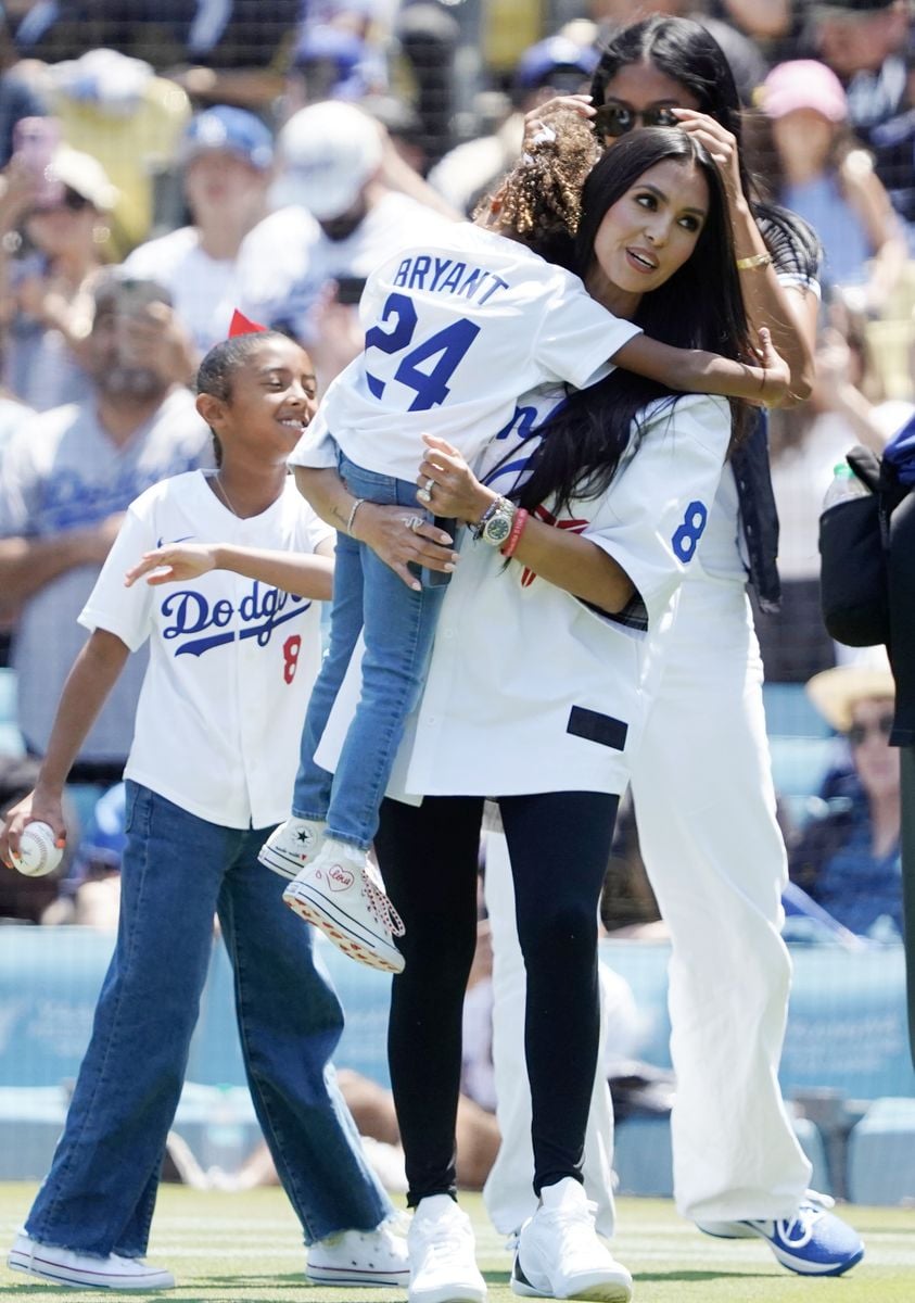 Vanessa Bryant and her daughters Natalia, Bianka, and Capri are seen prior to the Los Angeles Dodgers' game against the Tampa Bay Rays at Dodger Stadium on August 25, 2024, in Los Angeles, California.