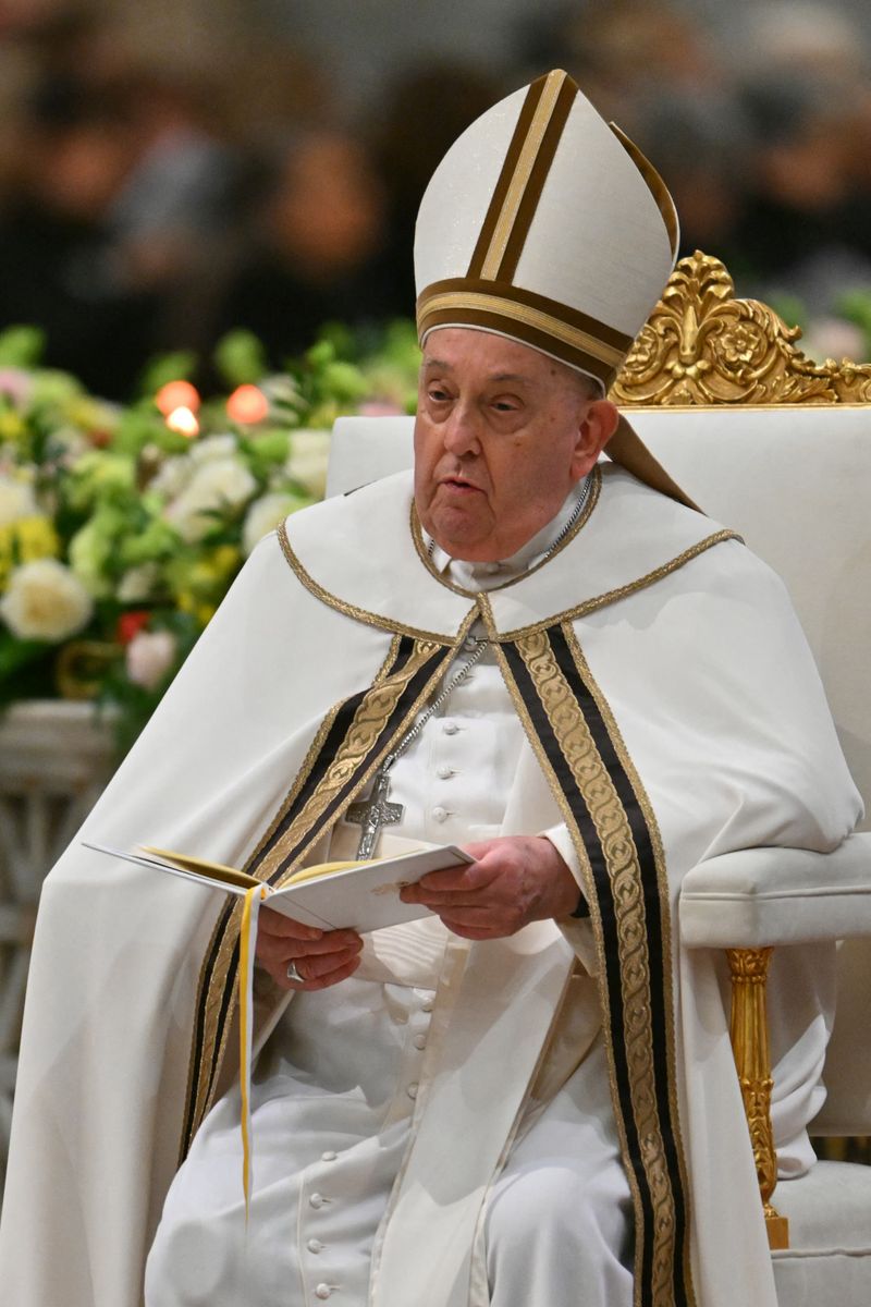 Pope Francis presides the vespers at Saint Paul Outside the Walls, in Rome on January 25, 2025