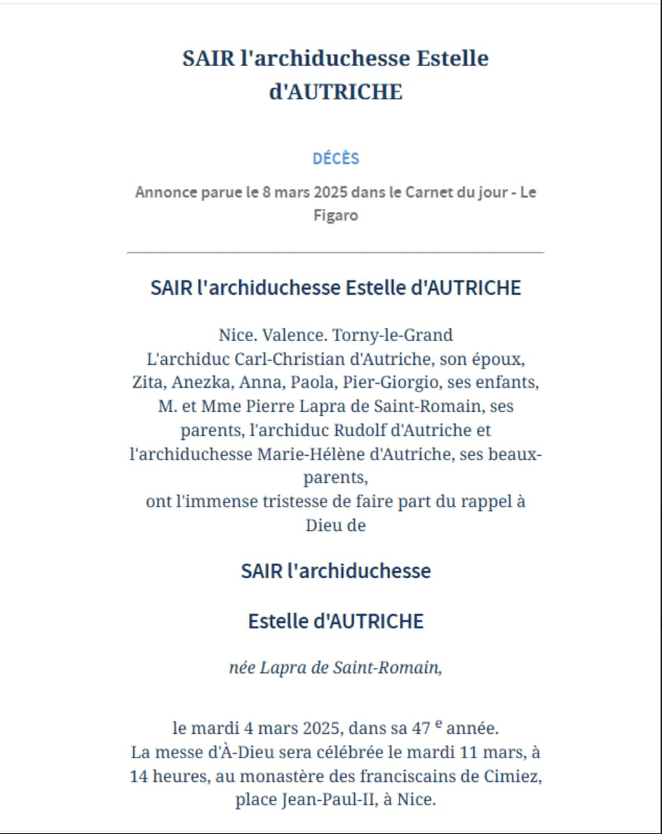 A memorial announcement for Archduchess Estelle of Austria, published in Le Figaro on March 8, 2025.