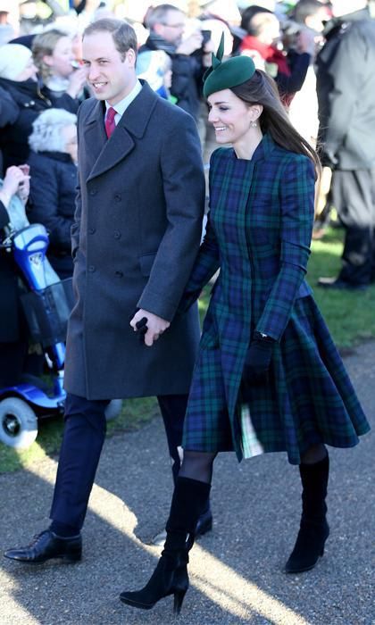 Kate Middleton plaid christmas coat alongside Prince William