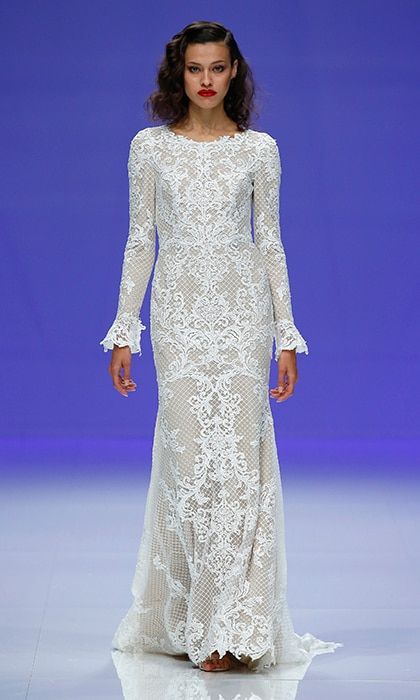 Another all-over lace look, this time by Maggie Sottero. The deceptively simple silhouette features intricately embroidered lace, with a discreet train and delicately detailed cuffs.
Photo: Getty Images