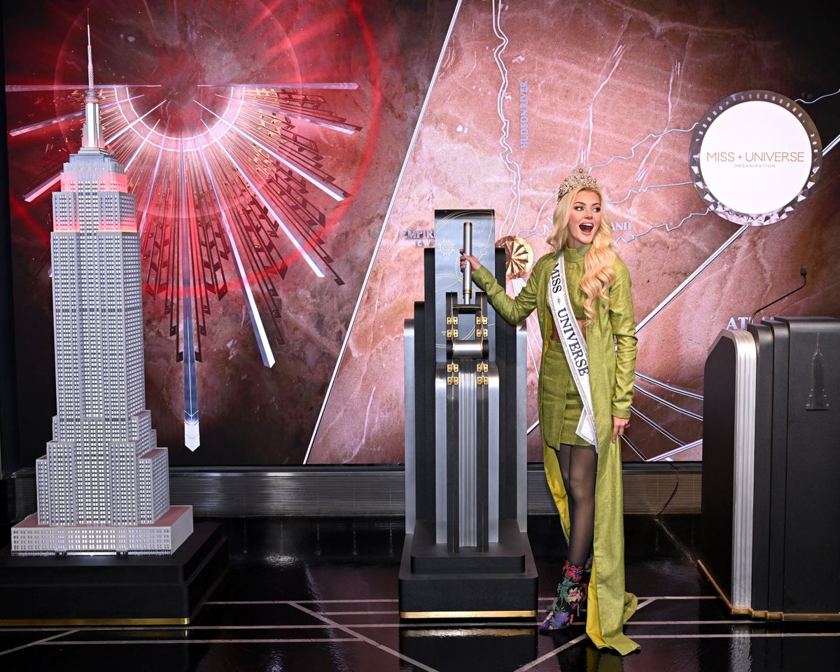 NEW YORK, NEW YORK - NOVEMBER 22: Miss Universe Victoria Kjaer Theilvig Lights the Empire State Building in Honor of Miss Universe 2024 at The Empire State Building on November 22, 2024 in New York City. (Photo by Roy Rochlin/Getty Images for Empire State Realty Trust)