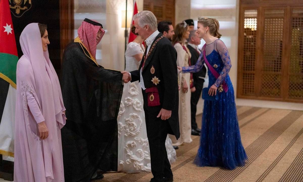 The Princess' father pictured on her wedding day in 2023 (shaking hands with King Philippe of Belgium)