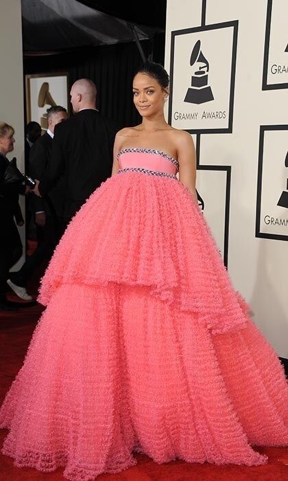 Rihanna owned the most real estate on the red carpet in 2015 thanks to her voluminous pink creation by Giambattista Valli. <br>Photo: Getty Images