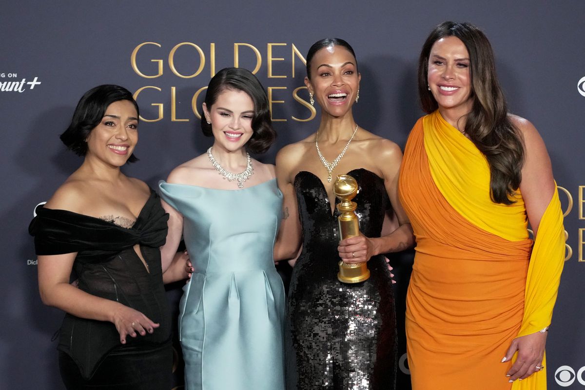 Adriana Paz, Selena Gomez, Zoe Saldana and Karla Sofi­a Gascon, winners of the Best Motion Picture Musical Or Comedy Award for "Emilia Perez"