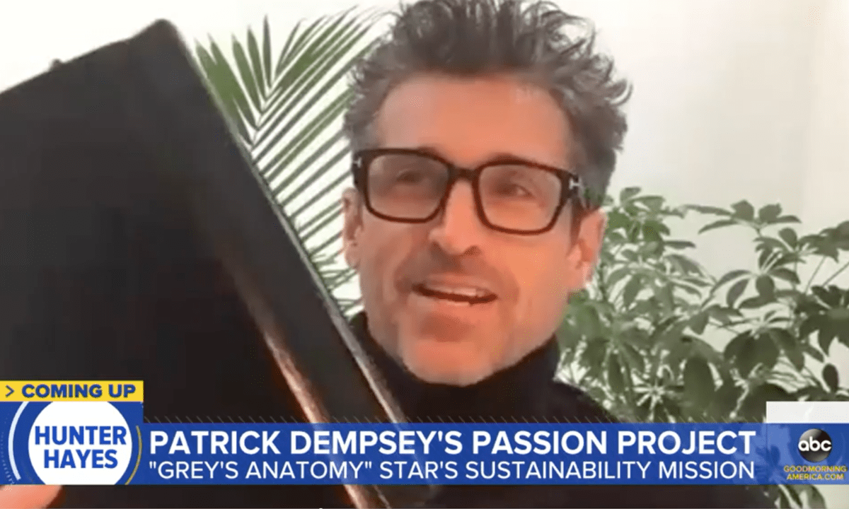 Patrick Dempsey on Good Morning America holding up script to Disenchanted