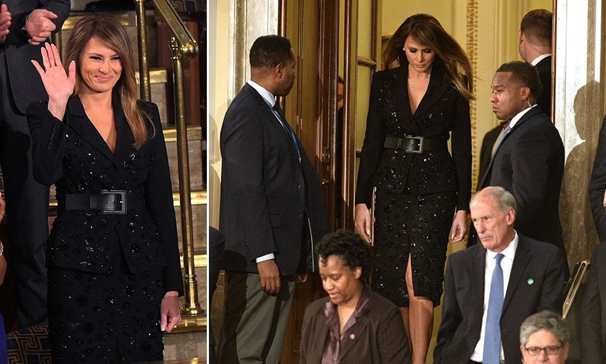 For her husband's first joint session of the U.S. Congress on February 28, 2017, Melania arrived at the House chamber of the U.S. Capitol wearing her own twist on the LBD the little black suit. The sparkling skirt and jacket, which together retail for $9,590, are by one of the first lady's favorite designers, Michael Kors.
Photos: Getty Images