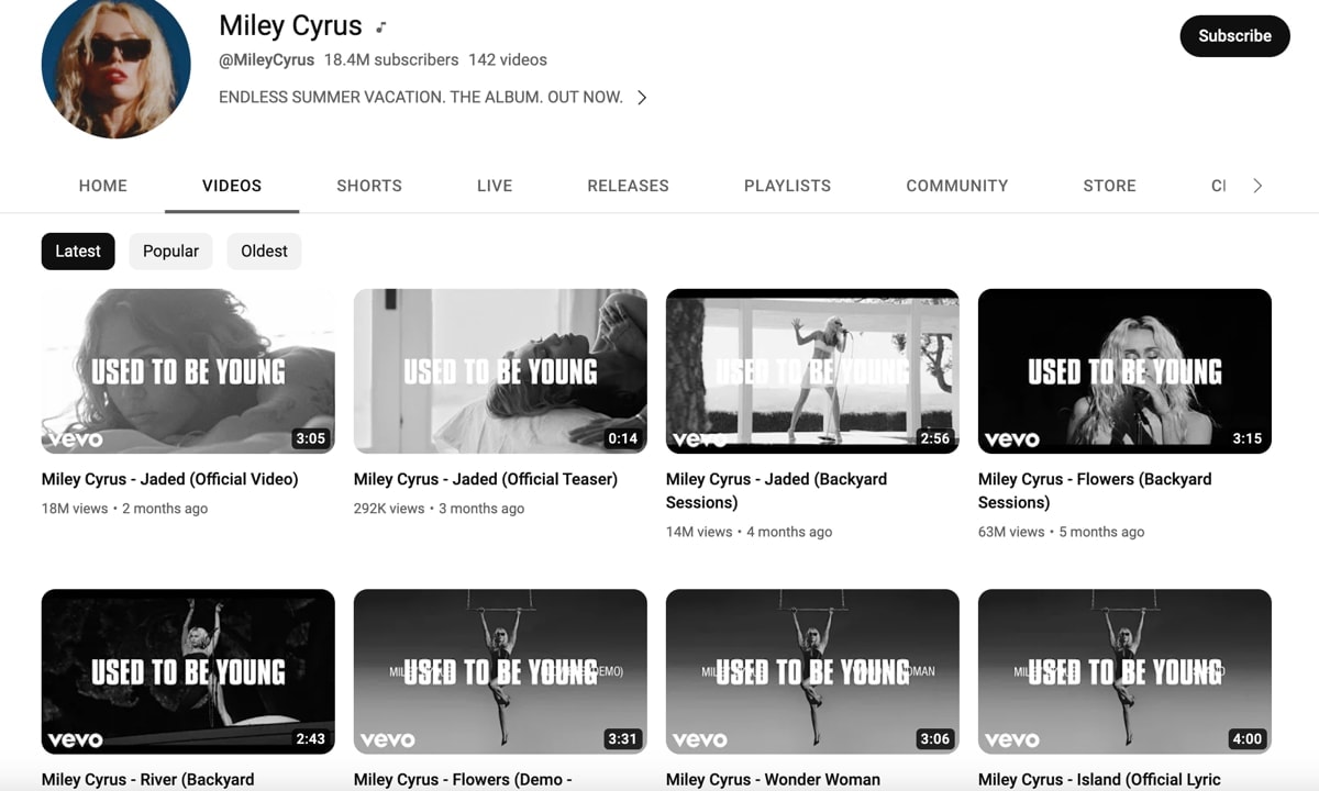  Miley Cyrus changed the thumbnails on her videos on YouTube 