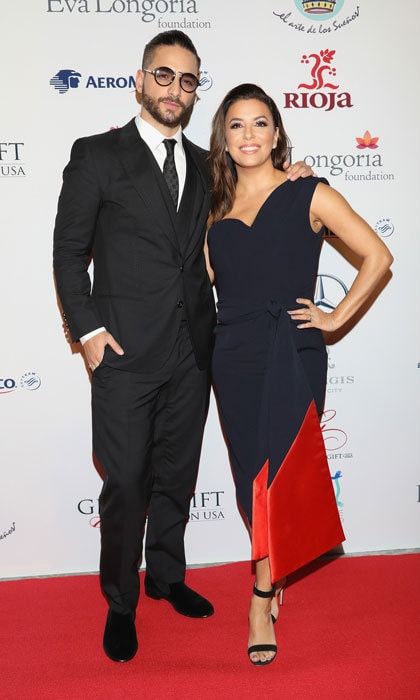 Eva Longoria was back in heels after suffering an injury while on vacation in Spain. After sporting a medical boot, the actress wore heeled sandals with her navy and red dress to the Global Gift Gala in Mexico City.
For the evening, she was joined by Colombian musician Maluma to raise money for relief efforts in Mexico after it was left devastated by an earthquake in September.
Photo: Victor Chavez/Getty Images